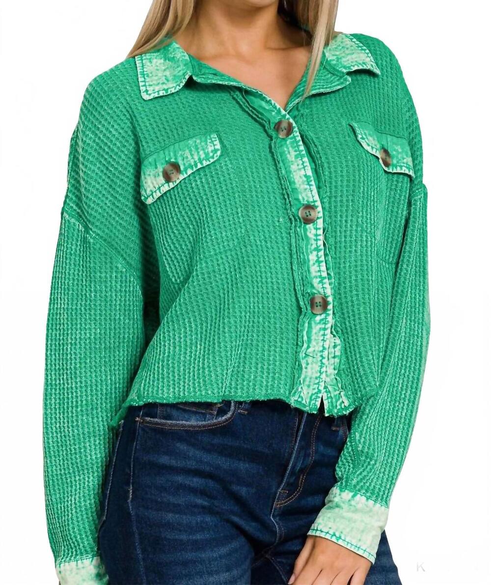 NEW ZENANA acid washed oversized cropped shacket in kelly green